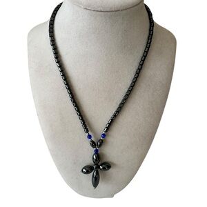 Elegant Black and Blue Hematite Gun Metal Puffy Cross Necklace‎ Modern